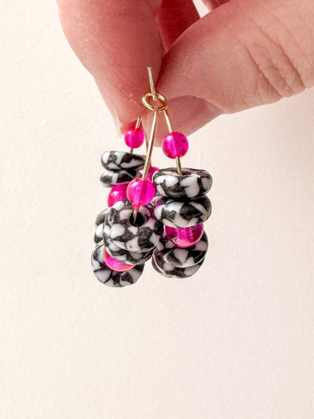 Recycled Glass Hoop Earrings Pink Black White Stainless Steel Beaded - Picture 2 of 12